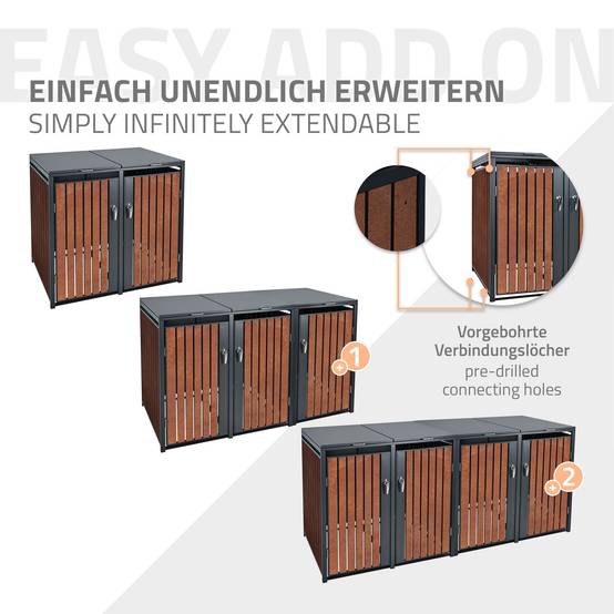 Abri pour 3 poubelles 200x80x116,3 cm capacité de 60L à 240L anthracite/aspect rouillé acier couvercle rabattable/3 portes résistant aux intempéries - Image 9