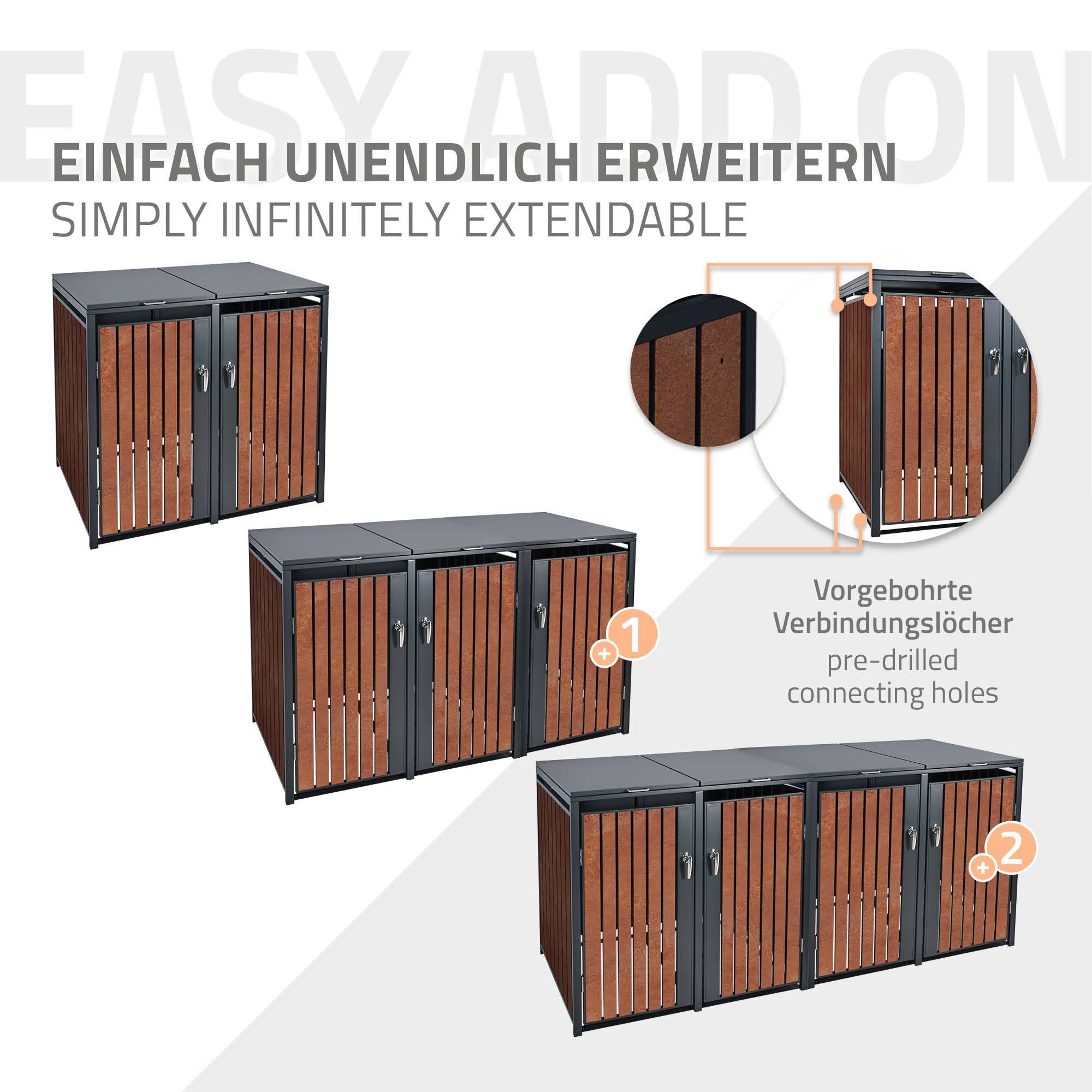 Abri pour 3 poubelles 200x80x116,3 cm capacité de 60L à 240L anthracite/aspect rouillé acier couvercle rabattable/3 portes résistant aux intempéries - Image 9