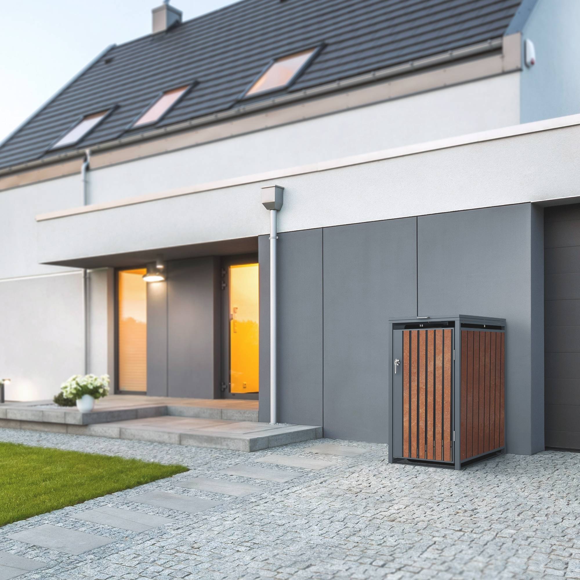 Abri pour 3 poubelles 200x80x116,3 cm capacité de 60L à 240L anthracite/aspect rouillé acier couvercle rabattable/3 portes résistant aux intempéries - Image 10