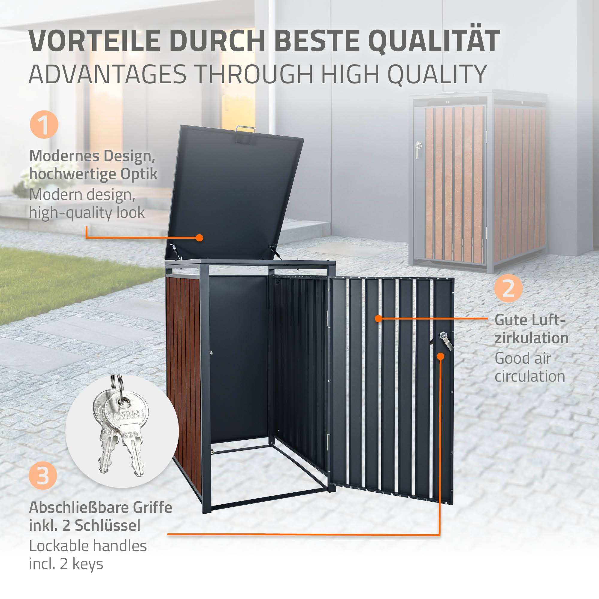 Abri pour 3 poubelles 200x80x116,3 cm capacité de 60L à 240L anthracite/aspect rouillé acier couvercle rabattable/3 portes résistant aux intempéries - Image 3