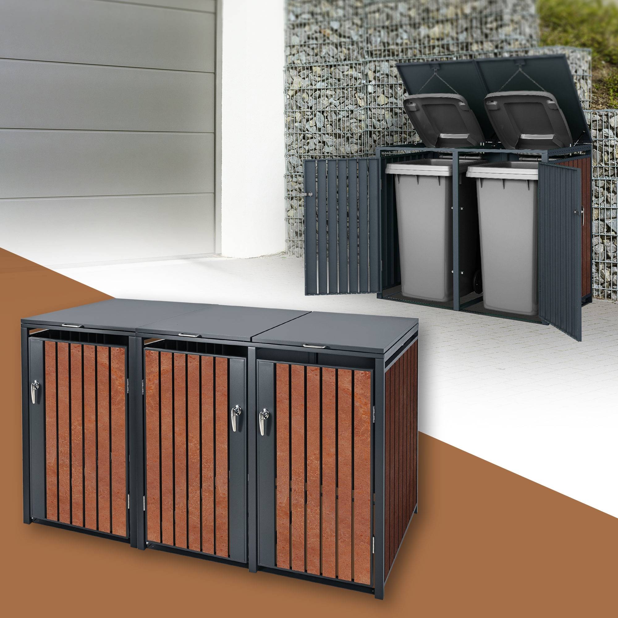 Abri pour 3 poubelles 200x80x116,3 cm capacité de 60L à 240L anthracite/aspect rouillé acier couvercle rabattable/3 portes résistant aux intempéries - Image 2