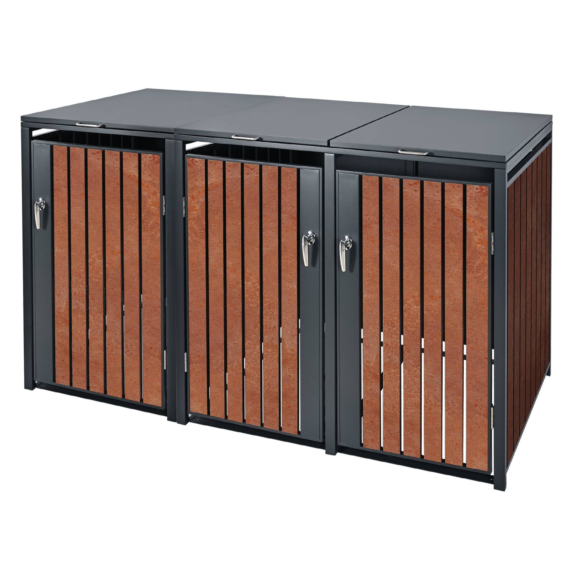 Abri pour 3 poubelles 200x80x116,3 cm capacité de 60L à 240L anthracite/aspect rouillé acier couvercle rabattable/3 portes résistant aux intempéries - Image 1
