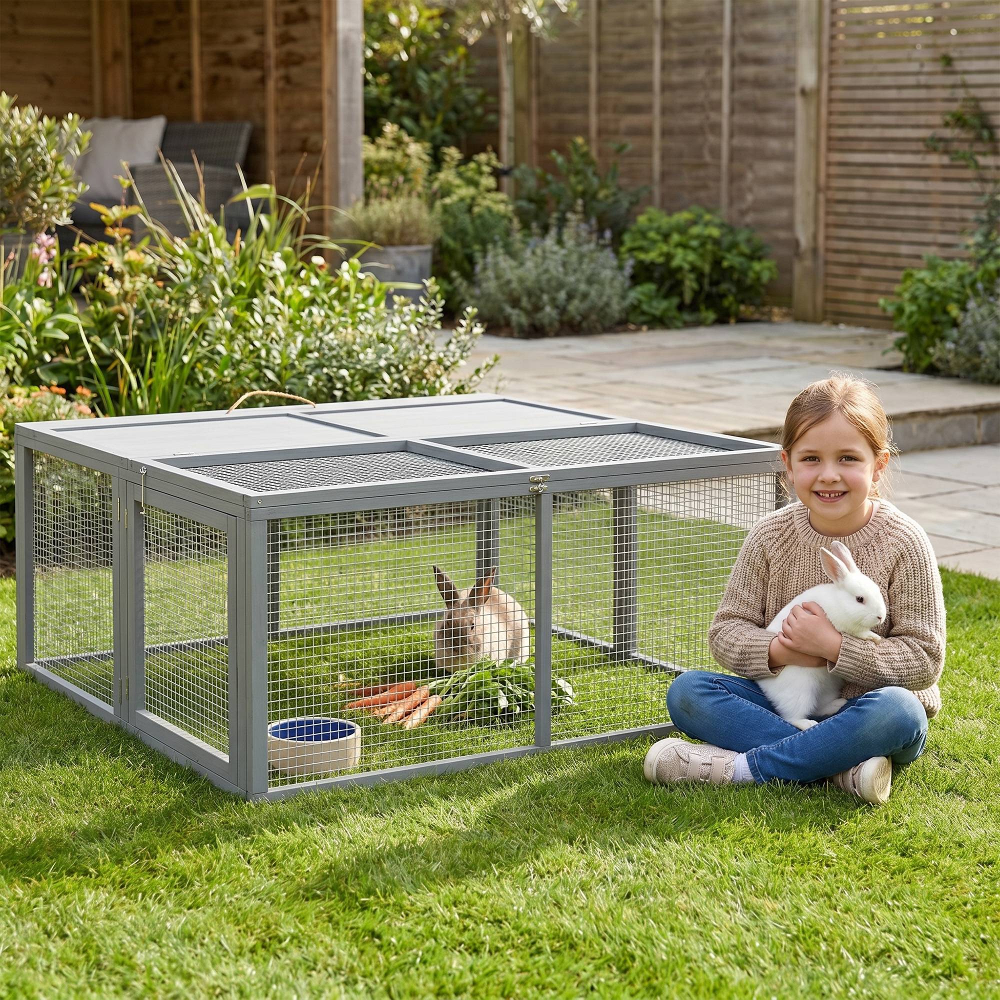 Sans Marque - Cage petits animaux clapier lapins toit charnières bois sapin 110x105x50 cm gris - Image 3