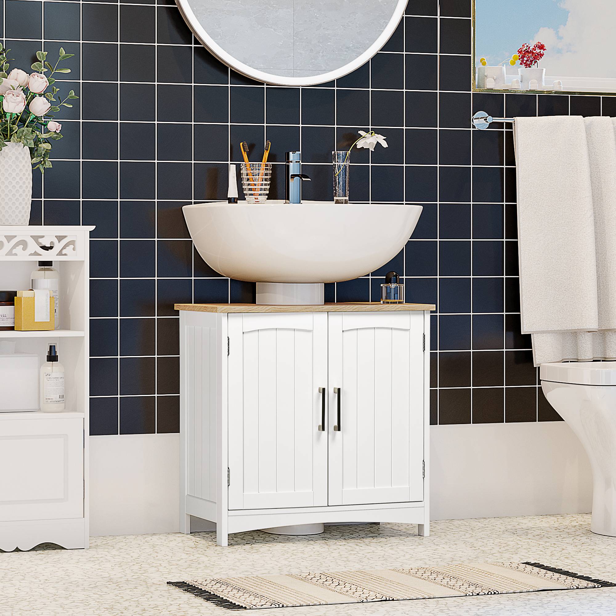 Sans Marque - Meuble vasque salle bain 2 portes étagère réglable 60x33x60 cm bois blanc - Image 3
