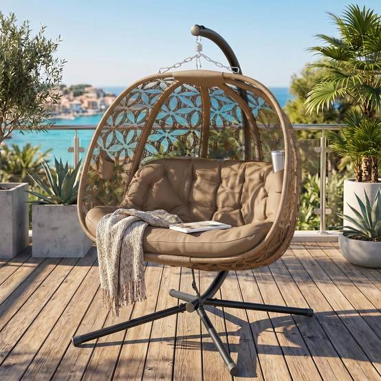 Fauteuil suspendu sur pied 2 places acier jardin avec porte-gobelets sable - ComfortXL Outdoor Living - Image 4