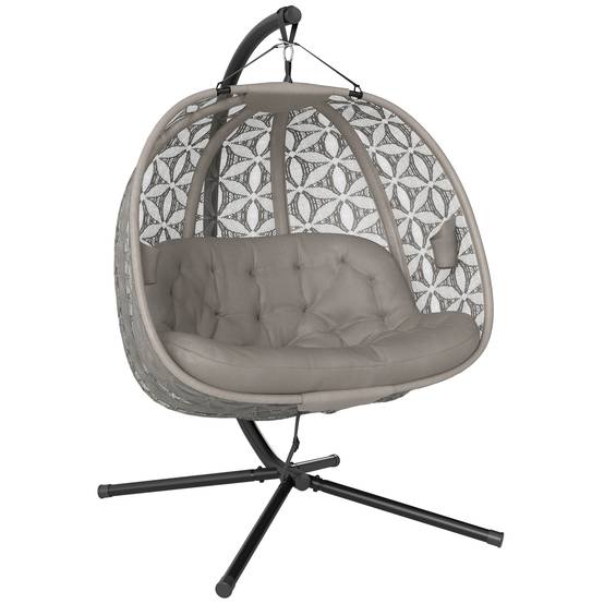 Fauteuil suspendu sur pied 2 places acier jardin avec porte-gobelets sable - ComfortXL Outdoor Living - Image 1