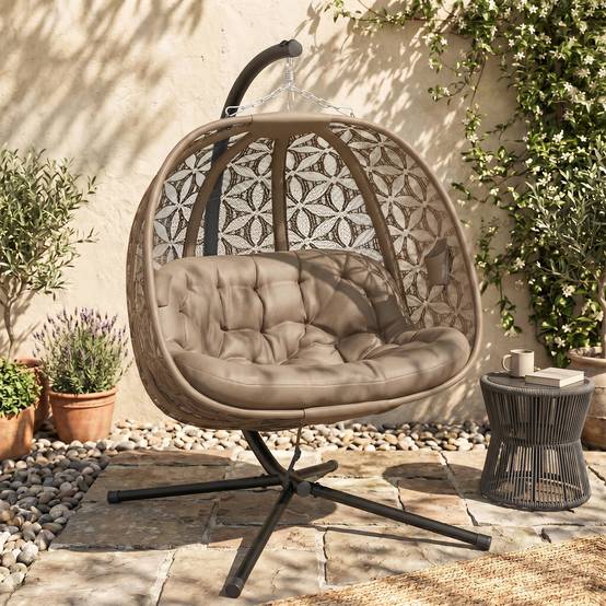 Fauteuil suspendu sur pied 2 places acier jardin avec porte-gobelets sable - ComfortXL Outdoor Living - Image 3