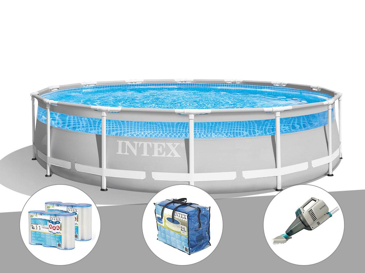 Kit piscine tubulaire Intex Prism Frame Clearview ronde 4,27 x 1,07 m + 6 cartouches de filtration + Bâche à bulles + Aspirateur - Image 1