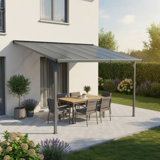 Pergola adossée ajustable aluminium anthracite 9,56 m² avec pattes de fixation X-METAL - Image 1