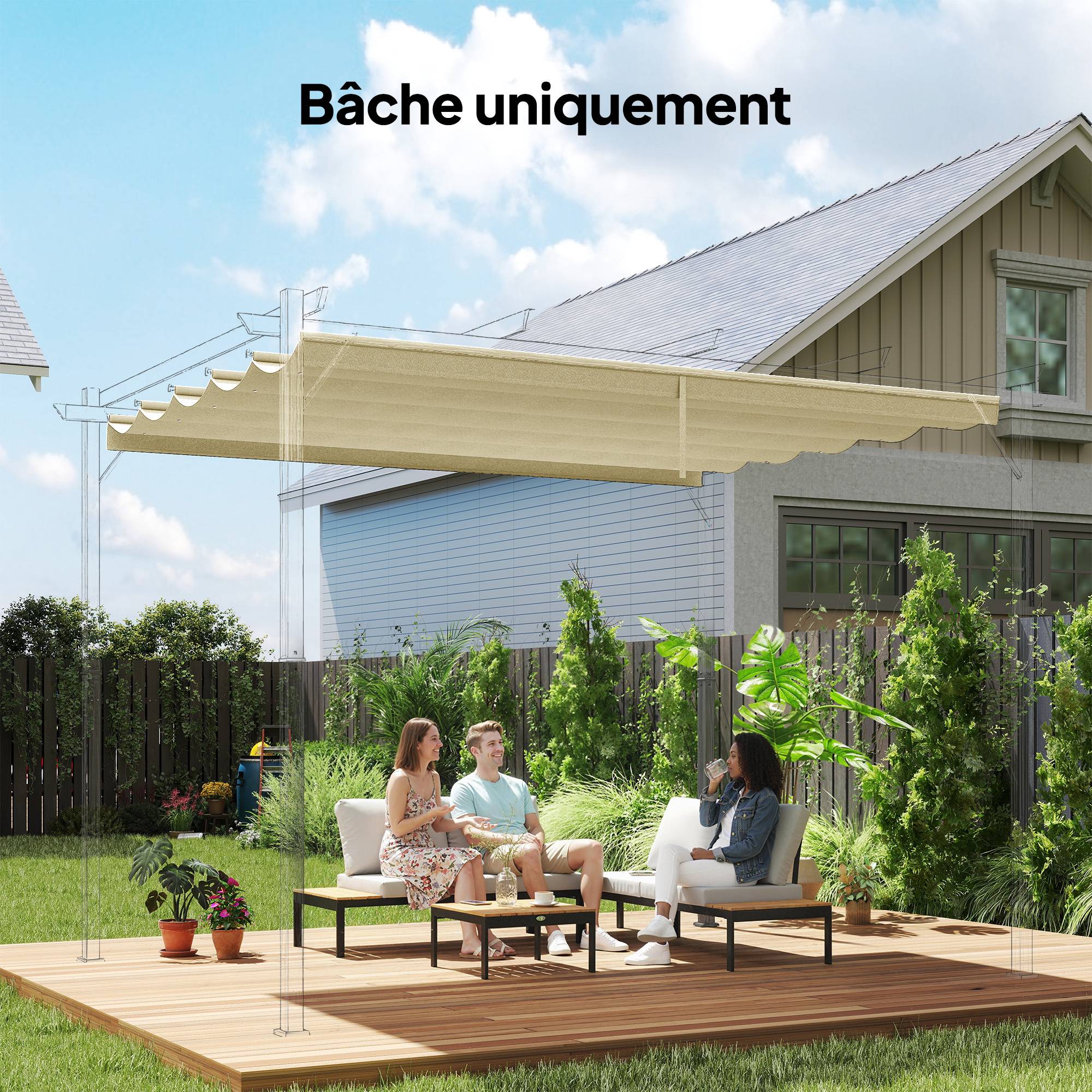 Toile de toit pour pergola tonnelle rétractable de 4 x 3 m - toile uniquement 350 x 260 cm crème - Image 3