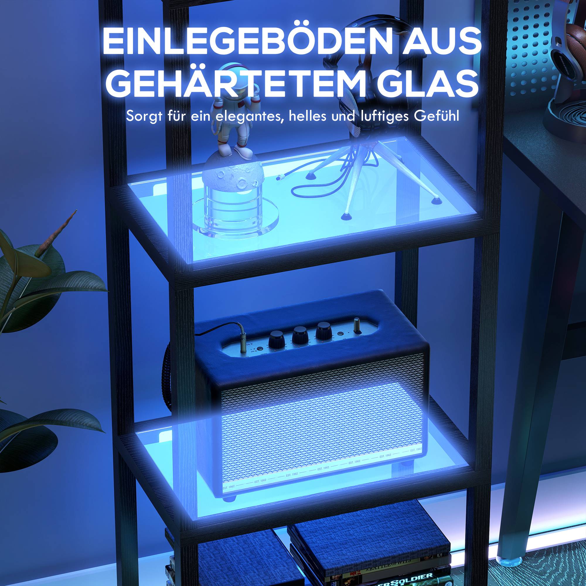 Lampadaire RGB avec étagères en verre, lampadaire LED à 4 niveaux avec télécommande, synchronisation musicale, noir - Image 7