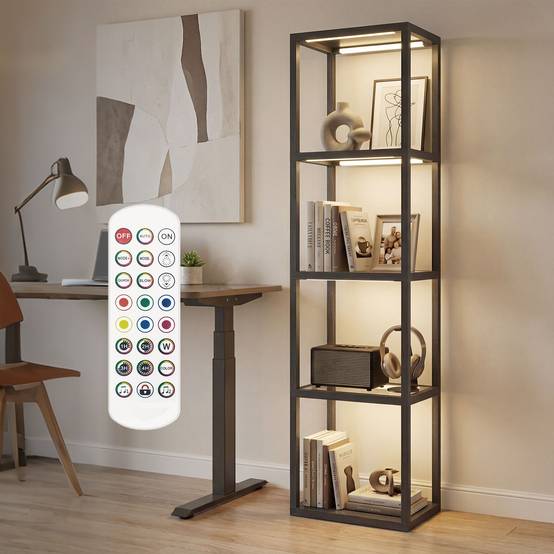 Lampadaire RGB avec étagères en verre, lampadaire LED à 4 niveaux avec télécommande, synchronisation musicale, noir - Image 1