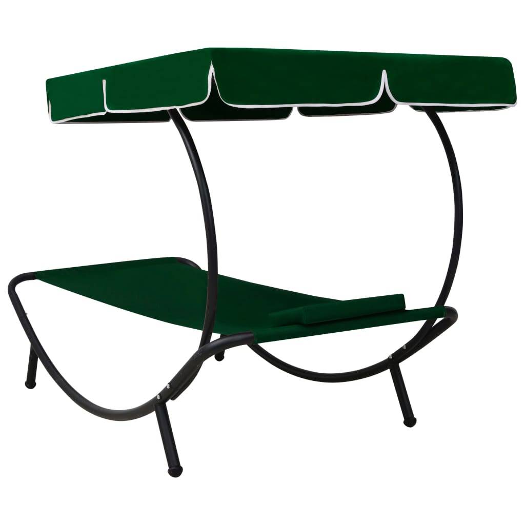 Bain de soleil - Transat - Chaise longue avec auvent et oreiller vert - MEUBLE PRO - Image 4
