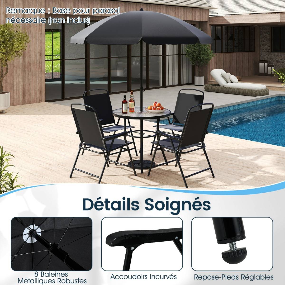 Ensemble de Jardin 6 Pièces avec Parasol Ensemble de Table et Chaises d'extérieur avec 4 Chaises Pliantes Noir MAISON CHIC - Image 6