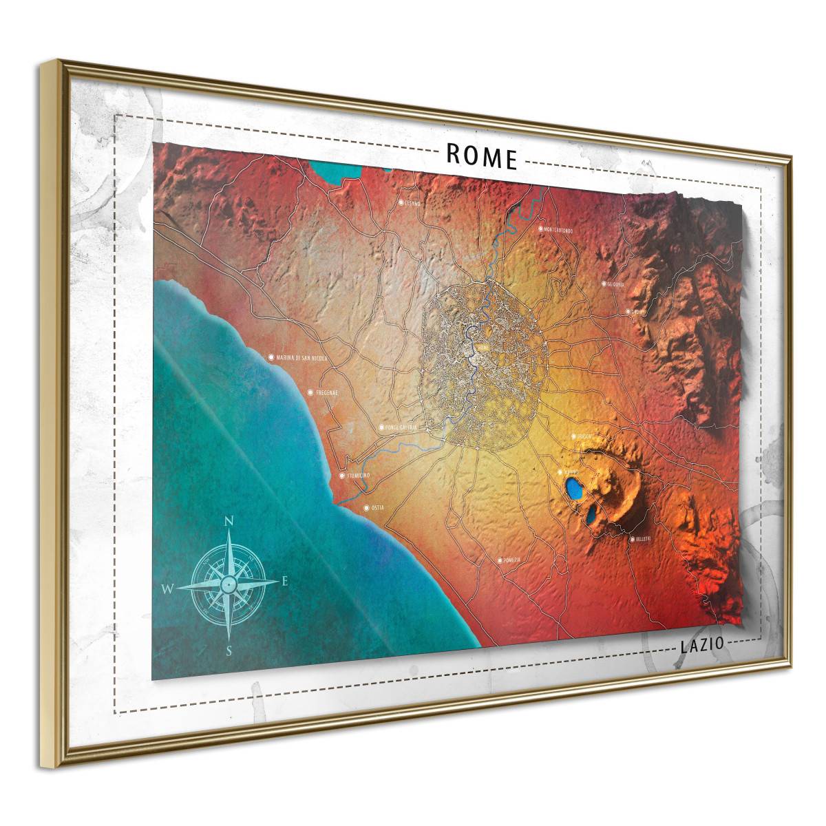 Affiche Murale Encadrée "Raised Relief Map Rome" 45 x 30 cm Or