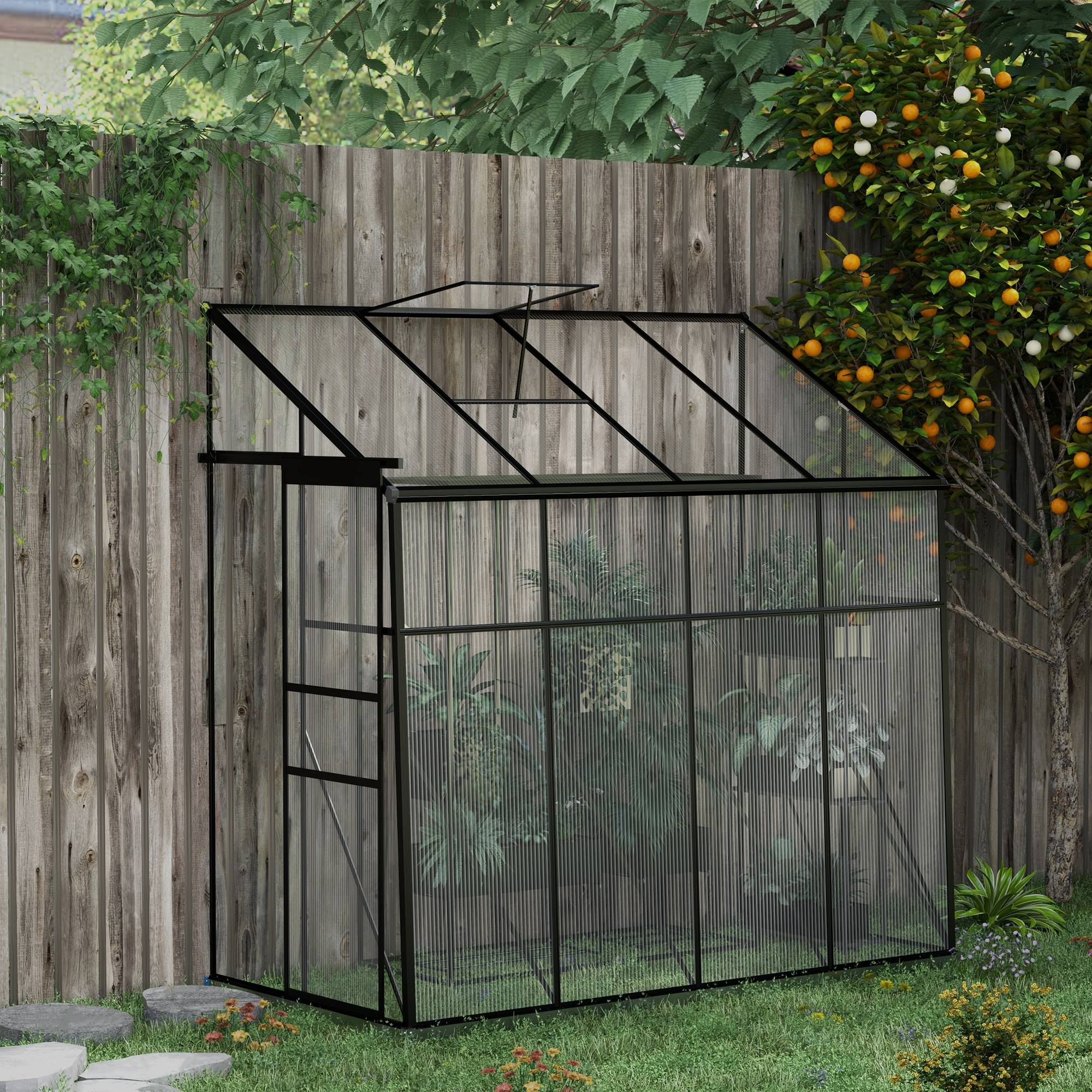 Serre de Jardin Adossée Polycarbonate Noir Porte Coulissante 127x253x240cm - ComfortXL Outdoor Living - Image 3