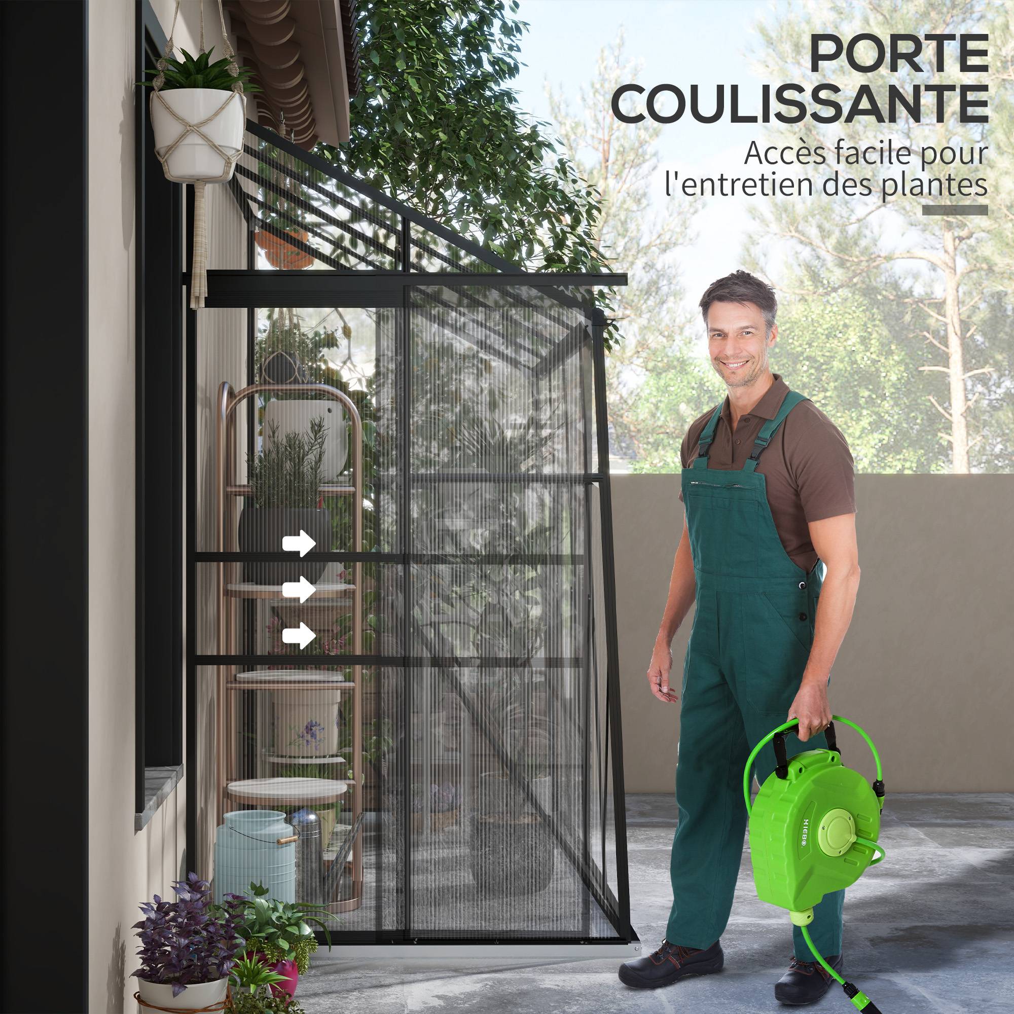 Serre de Jardin Adossée Polycarbonate Noir Porte Coulissante 127x253x240cm - ComfortXL Outdoor Living - Image 9