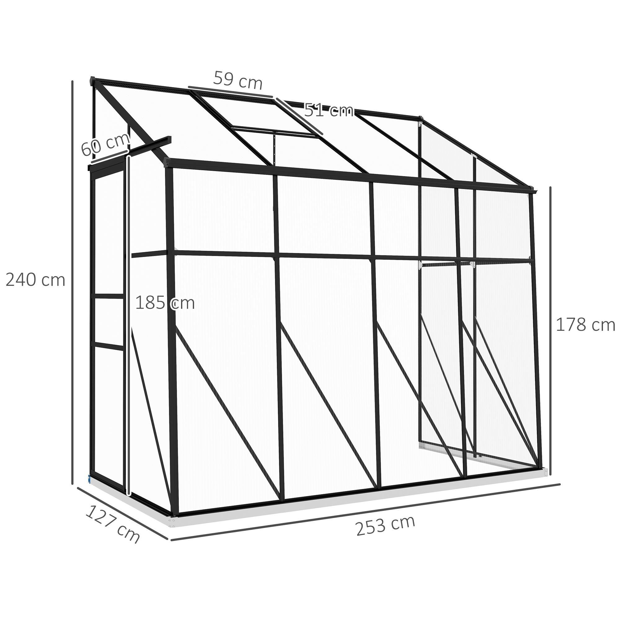 Serre de Jardin Adossée Polycarbonate Noir Porte Coulissante 127x253x240cm - ComfortXL Outdoor Living - Image 5