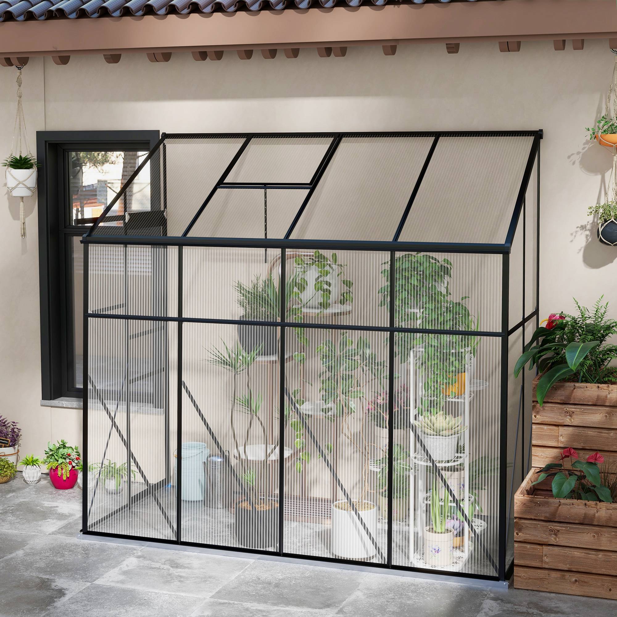 Serre de Jardin Adossée Polycarbonate Noir Porte Coulissante 127x253x240cm - ComfortXL Outdoor Living - Image 4