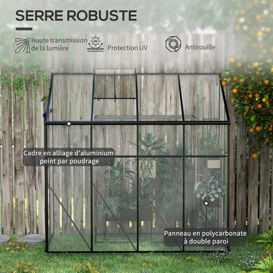 Serre de Jardin Adossée Polycarbonate Noir Porte Coulissante 127x253x240cm - ComfortXL Outdoor Living - Image 6