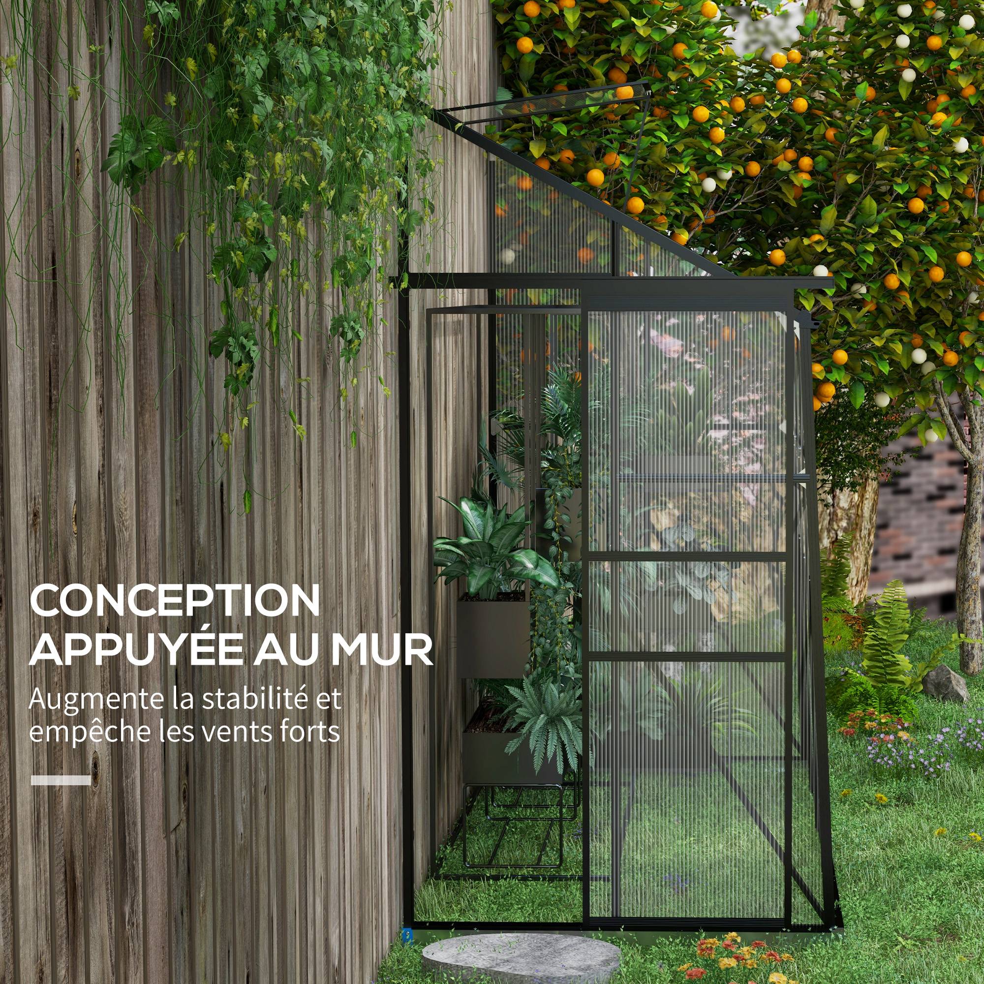 Serre de Jardin Adossée Polycarbonate Noir Porte Coulissante 127x253x240cm - ComfortXL Outdoor Living - Image 7