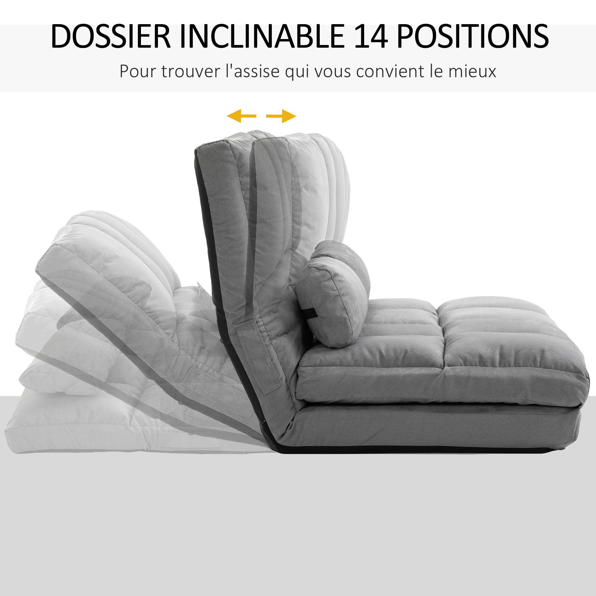 Chauffeuse convertible pliable en polyester effet suédé, dossier réglable, 2 coussins inclus, matelas d’appoint, salon, chambre, bureau, gris - Image 7