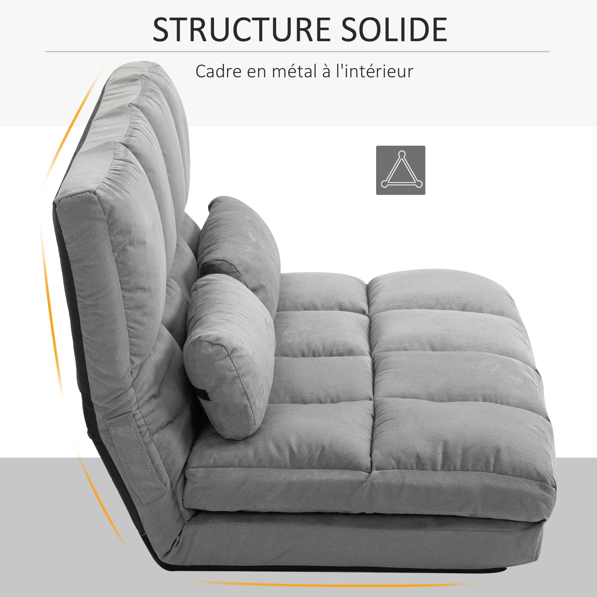 Chauffeuse convertible pliable en polyester effet suédé, dossier réglable, 2 coussins inclus, matelas d’appoint, salon, chambre, bureau, gris - Image 9