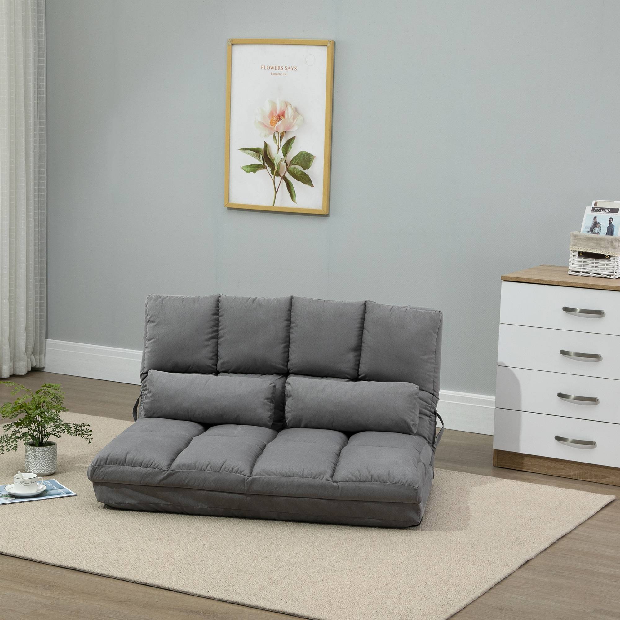 Chauffeuse convertible pliable en polyester effet suédé, dossier réglable, 2 coussins inclus, matelas d’appoint, salon, chambre, bureau, gris - Image 3