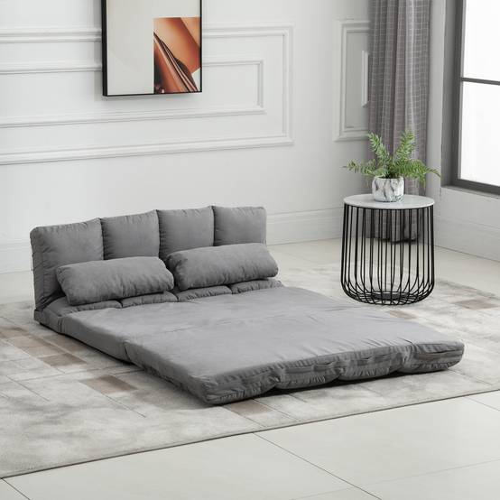 Chauffeuse convertible pliable en polyester effet suédé, dossier réglable, 2 coussins inclus, matelas d’appoint, salon, chambre, bureau, gris - Image 4