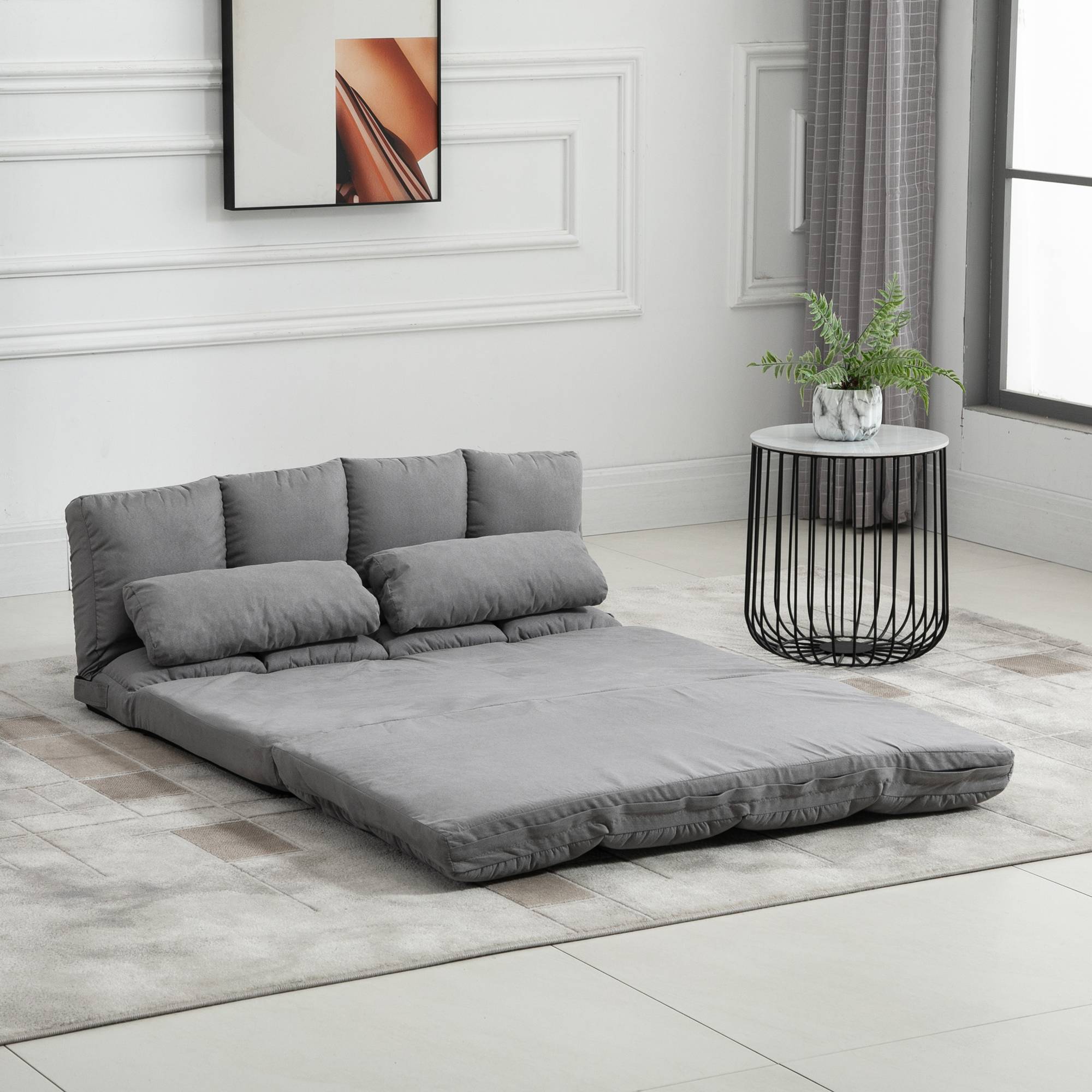 Chauffeuse convertible pliable en polyester effet suédé, dossier réglable, 2 coussins inclus, matelas d’appoint, salon, chambre, bureau, gris - Image 4