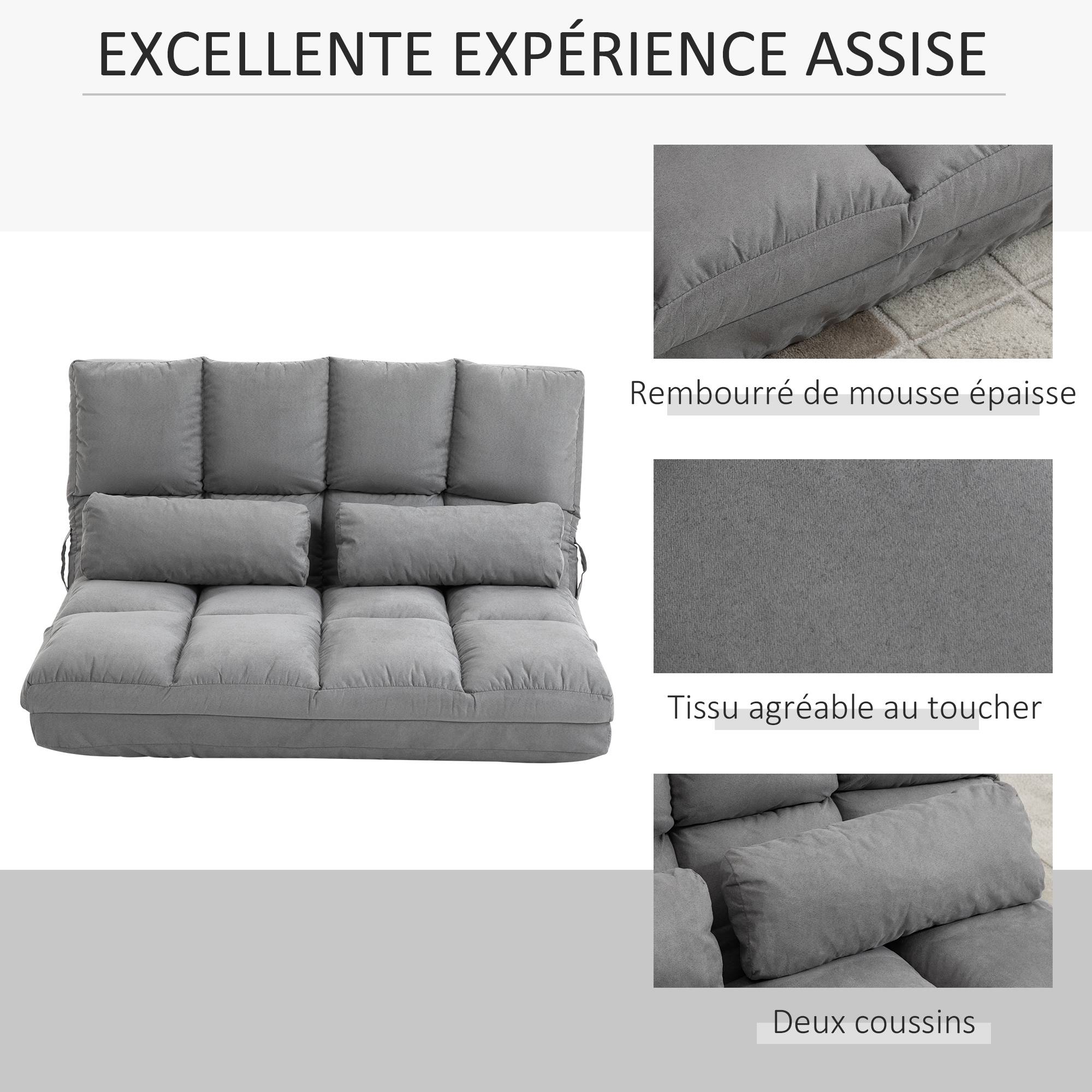 Chauffeuse convertible pliable en polyester effet suédé, dossier réglable, 2 coussins inclus, matelas d’appoint, salon, chambre, bureau, gris - Image 8
