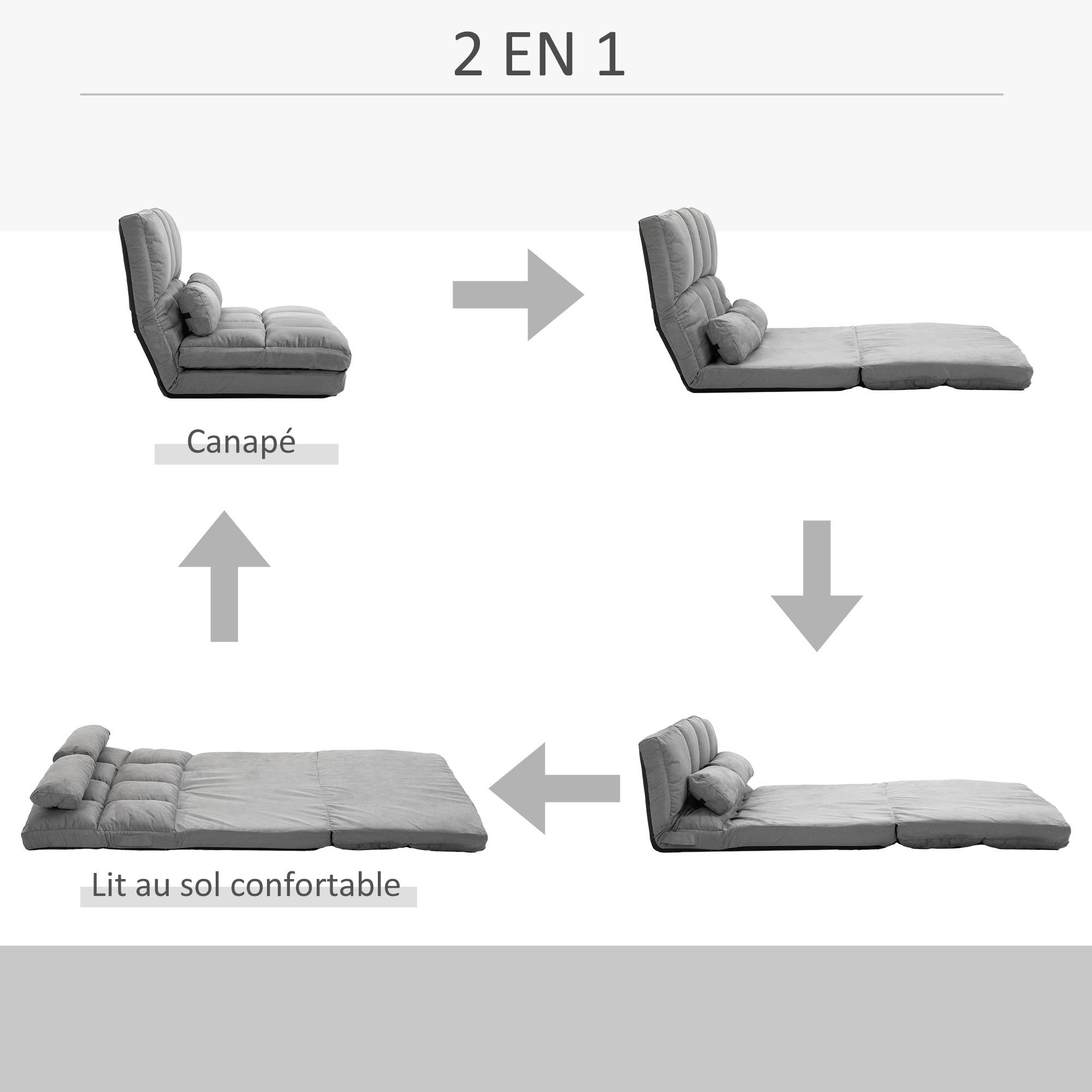 Chauffeuse convertible pliable en polyester effet suédé, dossier réglable, 2 coussins inclus, matelas d’appoint, salon, chambre, bureau, gris - Image 6