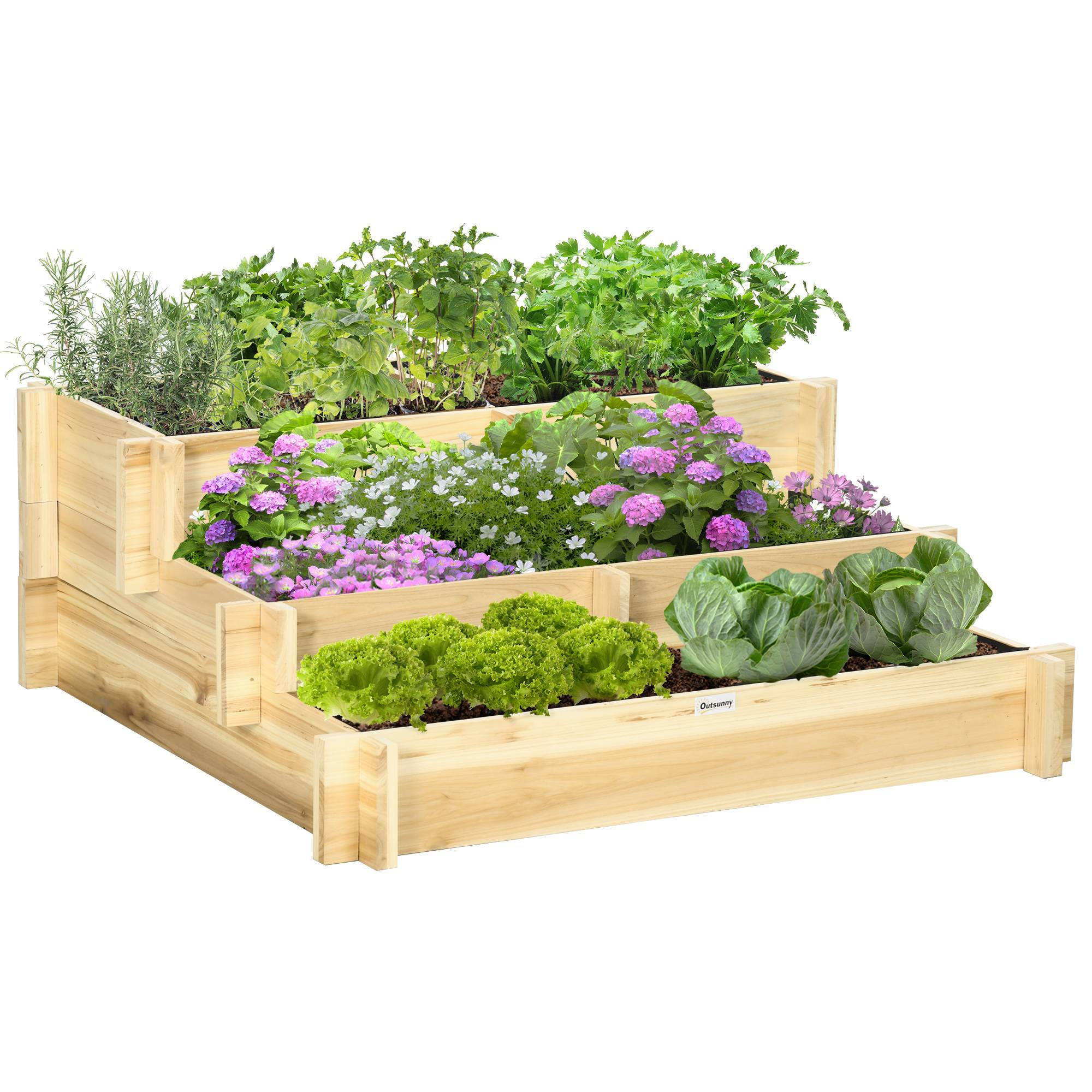 Sans Marque - Hochbeet Blumenkasten 3-stufig Drainageöffnung Stoffauskleidung Naturholz 93x93x35 cm - Image 1