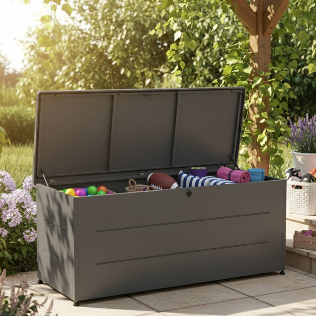 Couleurs du monde - Grand coffre extérieur 800L gris – rangement métal robuste pour un jardin organisé - Image 4