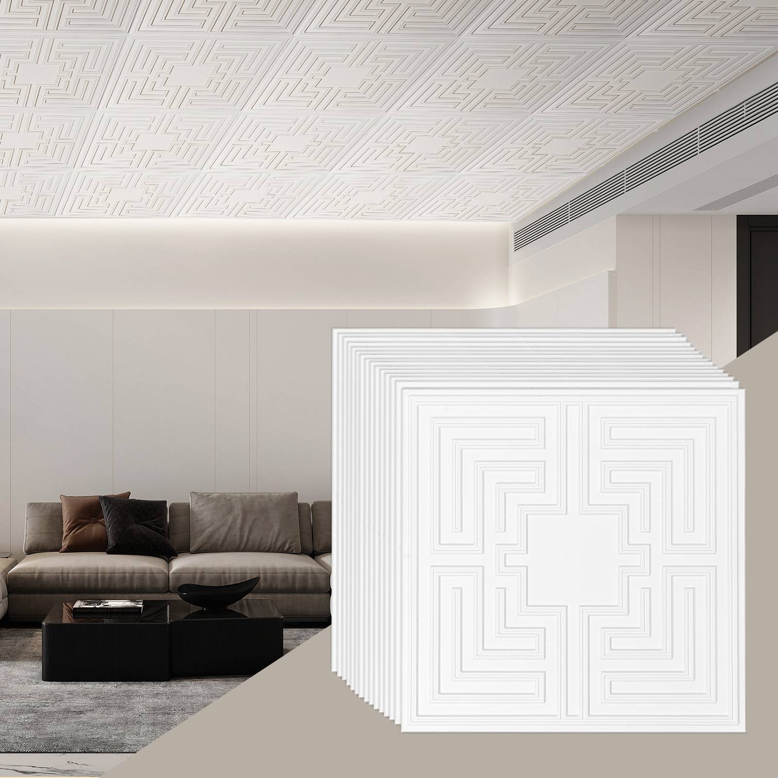 VEVOR Dalles plafond, lot 12, 24x24 po, PVC, installation facile. Motif Echo blanc. - Image 1