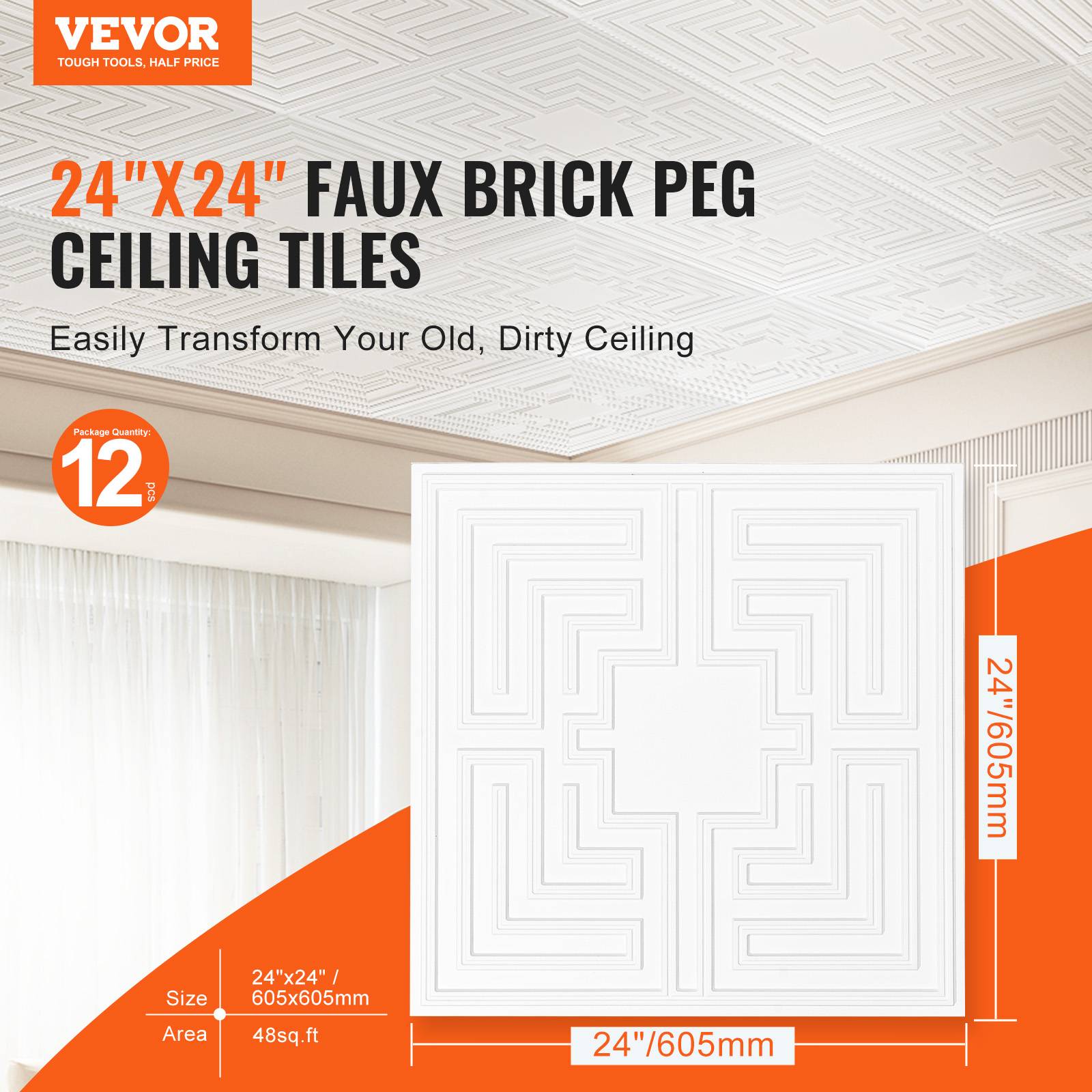 VEVOR Dalles plafond, lot 12, 24x24 po, PVC, installation facile. Motif Echo blanc. - Image 2