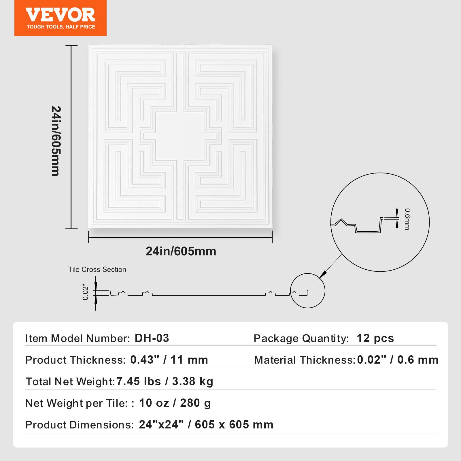 VEVOR Dalles plafond, lot 12, 24x24 po, PVC, installation facile. Motif Echo blanc. - Image 7