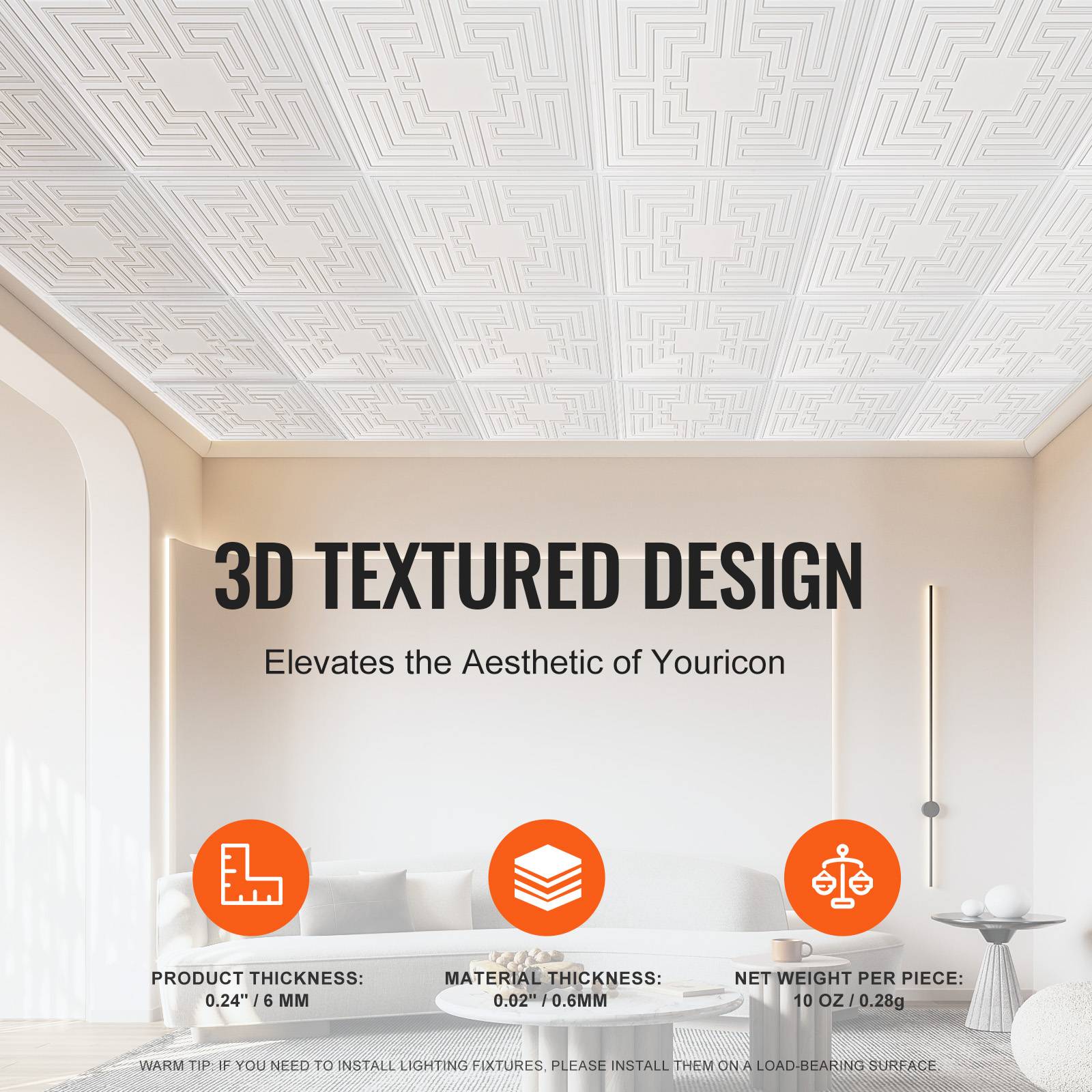 VEVOR Dalles plafond, lot 12, 24x24 po, PVC, installation facile. Motif Echo blanc. - Image 4