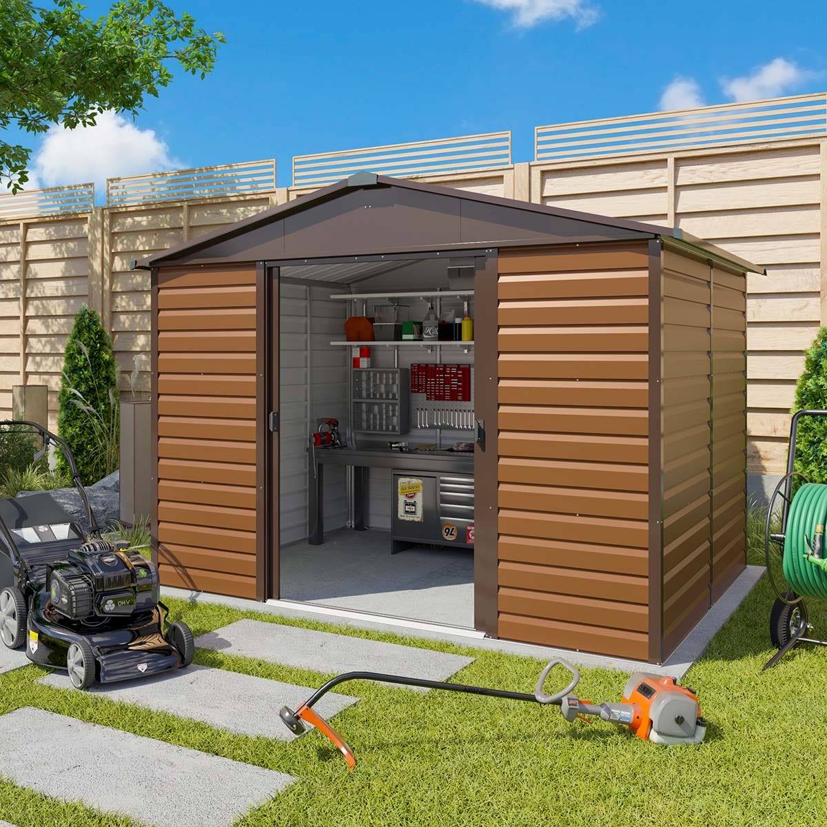 Yardmaster - Abri de jardin métal imitation bois 6,44 m2 Yardmaster + kit d'ancrage - Image 1