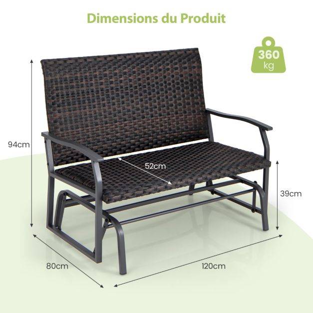 Helloshop26 - Banc coulissant d'extérieur causeuse en rotin tissé pour 2 personnes siège en mousse à séchage rapide bras coulissants en métal marron - Image 5