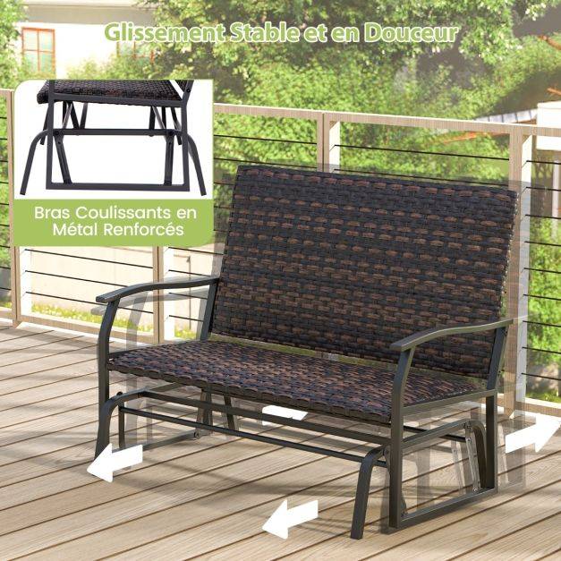 Helloshop26 - Banc coulissant d'extérieur causeuse en rotin tissé pour 2 personnes siège en mousse à séchage rapide bras coulissants en métal marron - Image 4