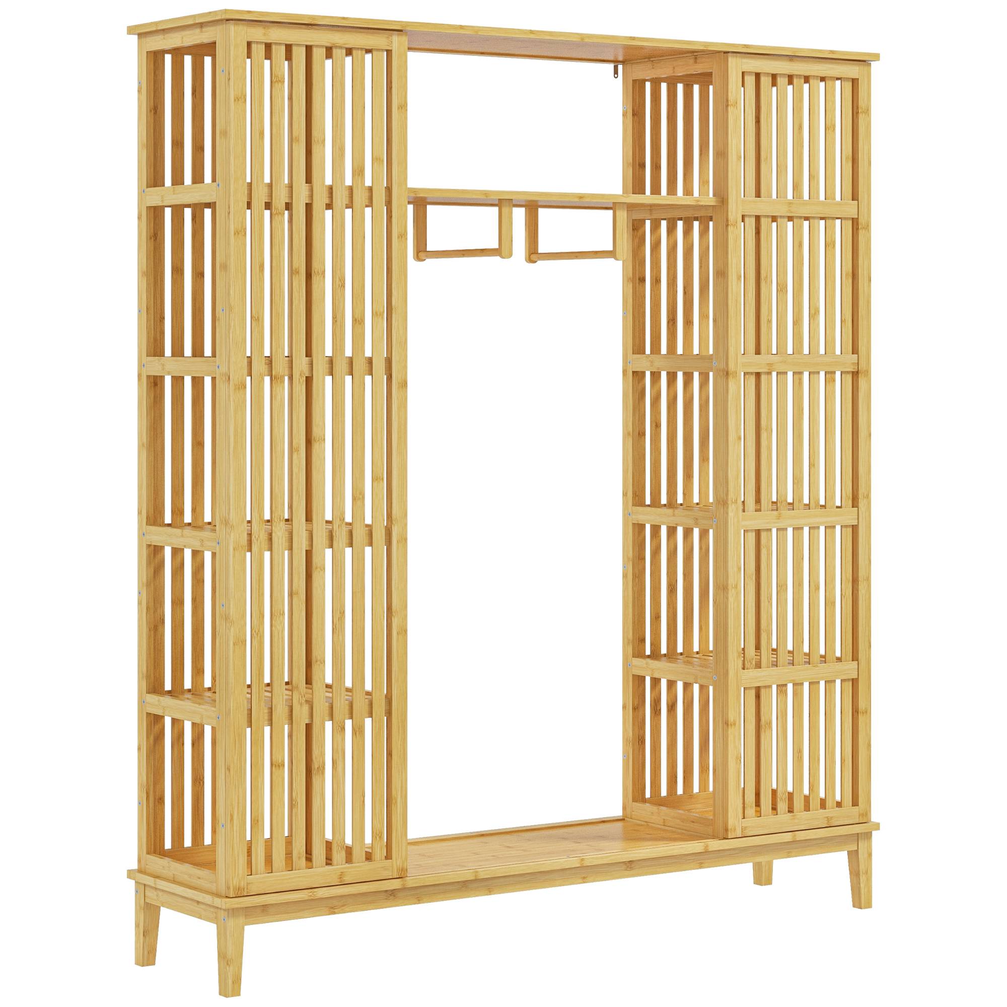 Sans Marque - Armoire ouverte en bambou avec 2 portes coulissantes, étagères ouvertes et penderie, 145 x 35 x 165 cm - Image 2