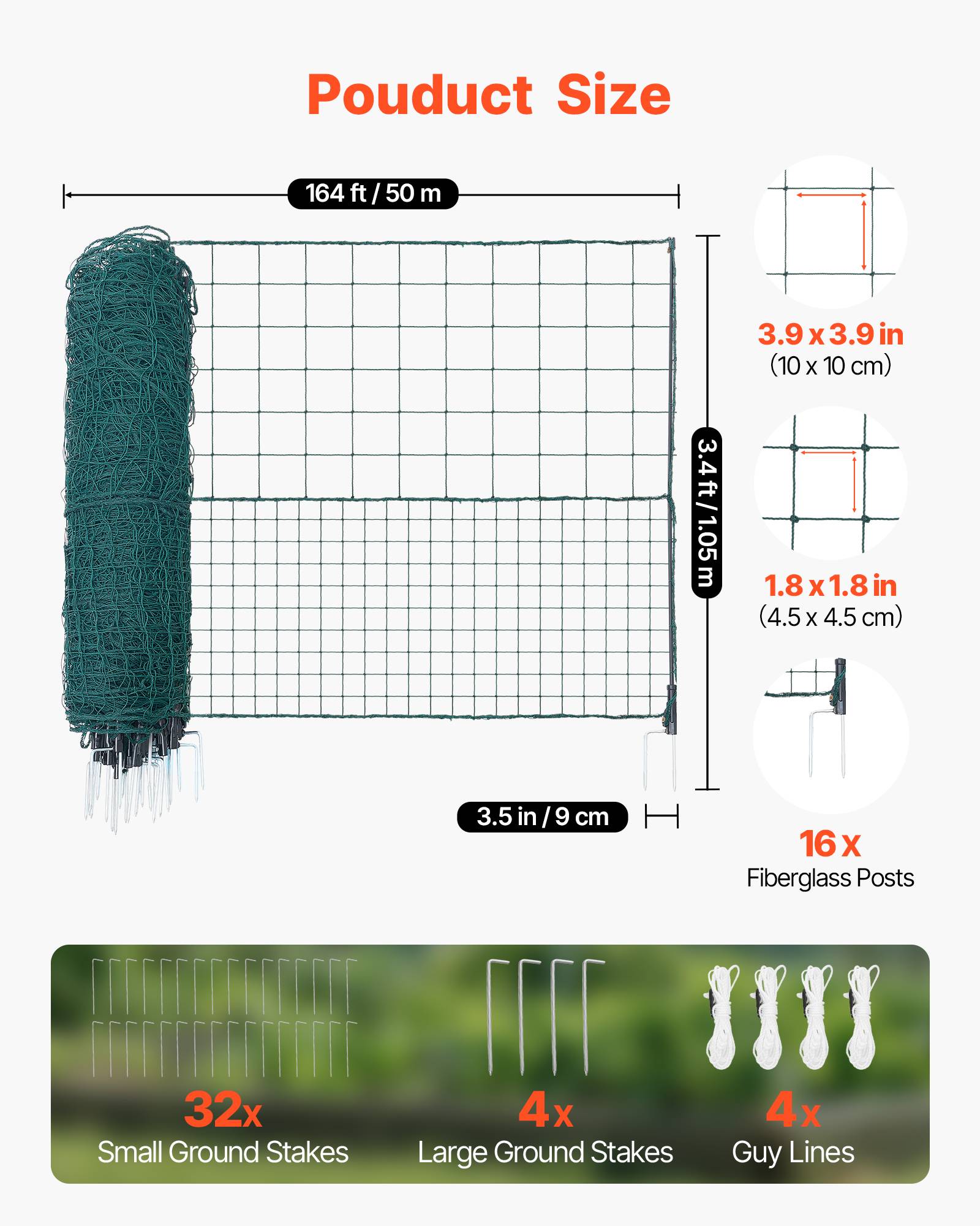 Vevor - VEVOR Clôture filet mobile 50 x 1,05 m, filet PE UV, 16 poteaux fibre de verre, piquets double pointe et haubans, idéal jardin, poules, chiens. - Image 2