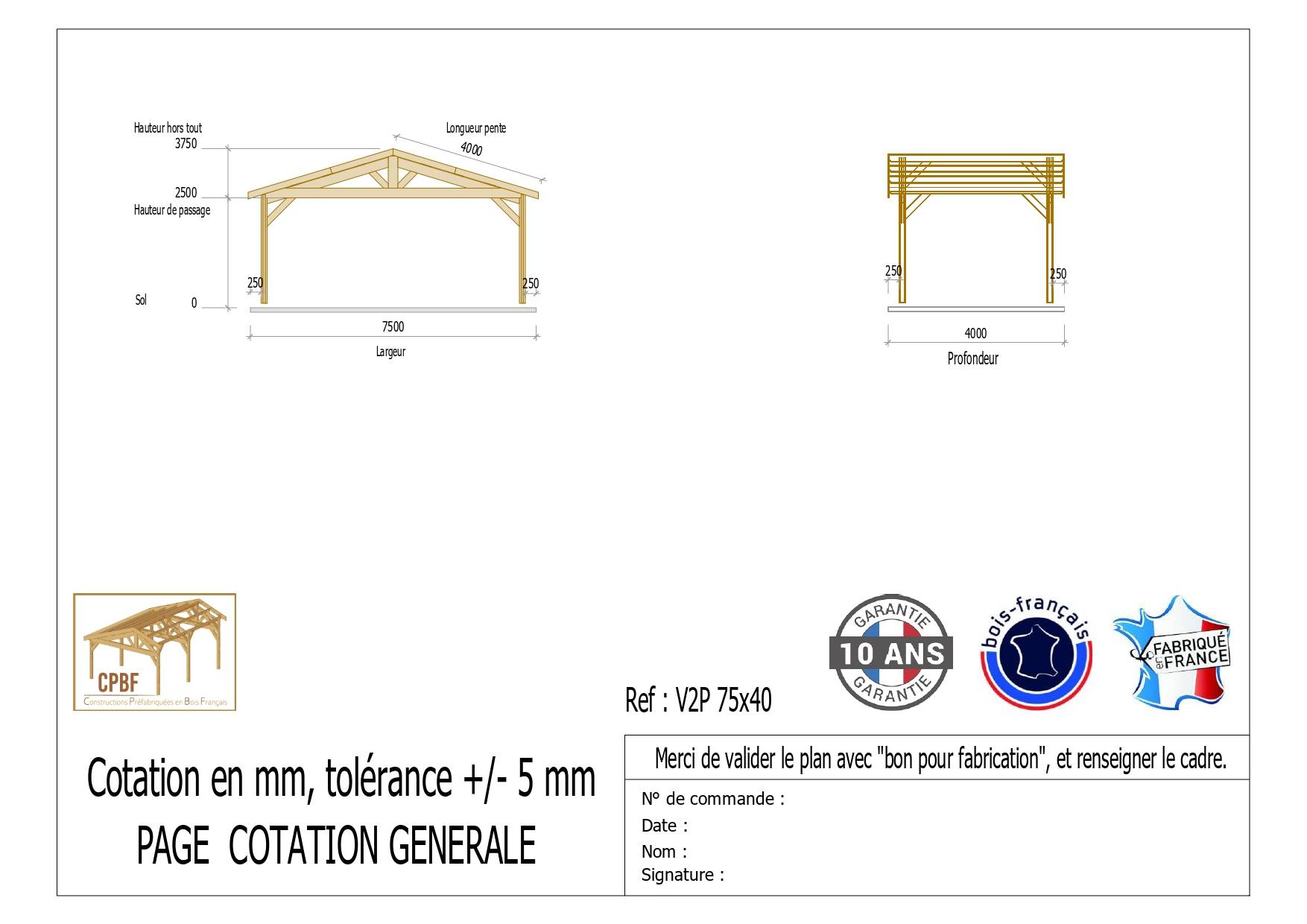 Cpbf Charpentes - Carport  deux pentes 750cmx400cm, bois DOUGLAS Français  (Charpente en bois-auvent-abri voiture), 30m². Garantie 10 ans - Image 2