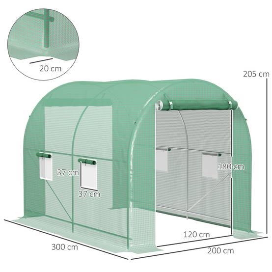 Serre de Jardin Tunnel Surface Sol 6 m² châssis Tubulaire renforcé Porte zippée 4 fenêtres enroulables Vert - Image 5