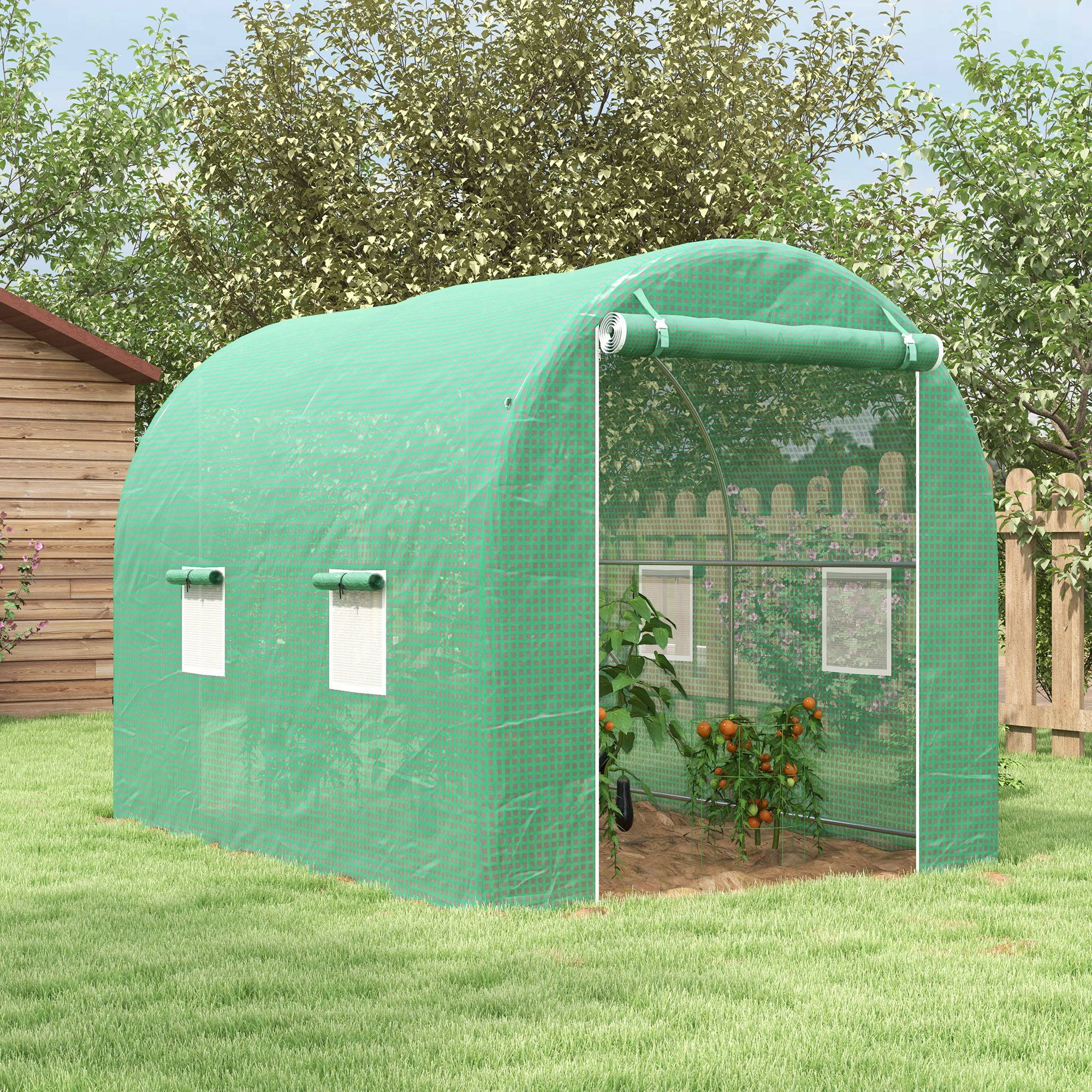 Serre de Jardin Tunnel Surface Sol 6 m² châssis Tubulaire renforcé Porte zippée 4 fenêtres enroulables Vert - Image 3