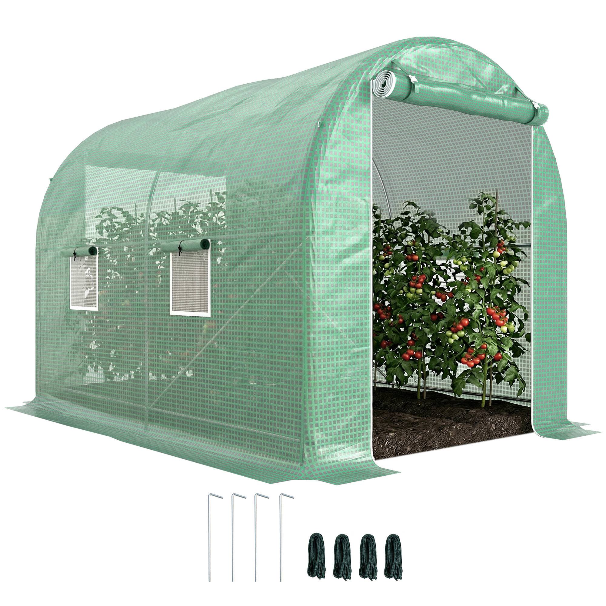 Serre de Jardin Tunnel Surface Sol 6 m² châssis Tubulaire renforcé Porte zippée 4 fenêtres enroulables Vert - Image 1
