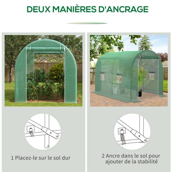 Serre de Jardin Tunnel Surface Sol 6 m² châssis Tubulaire renforcé Porte zippée 4 fenêtres enroulables Vert - Image 8