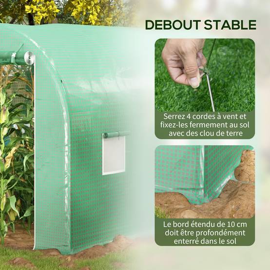 Serre de Jardin Tunnel Surface Sol 6 m² châssis Tubulaire renforcé Porte zippée 4 fenêtres enroulables Vert - Image 7