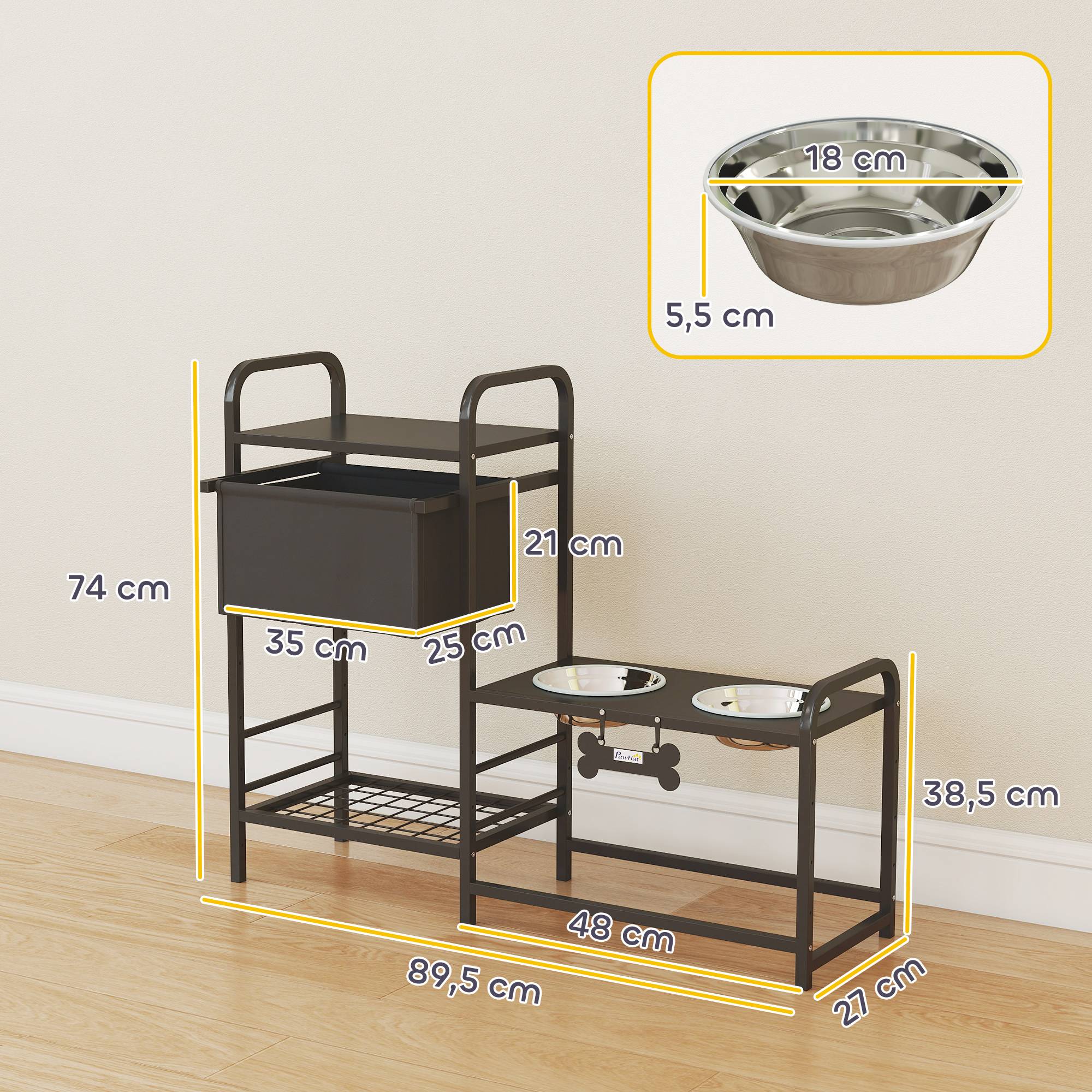 Gamelle surélevée pour chien, réglable en hauteur, avec espace de rangement pour la nourriture et l'eau,89,5 x 27 x 74 cm, noire - Image 5